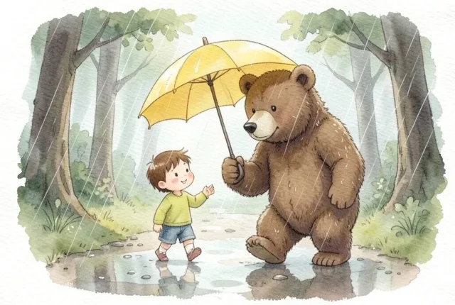 Watercolour illustration of a child and a brown bear sharing a yellow umbrella on a rainy path