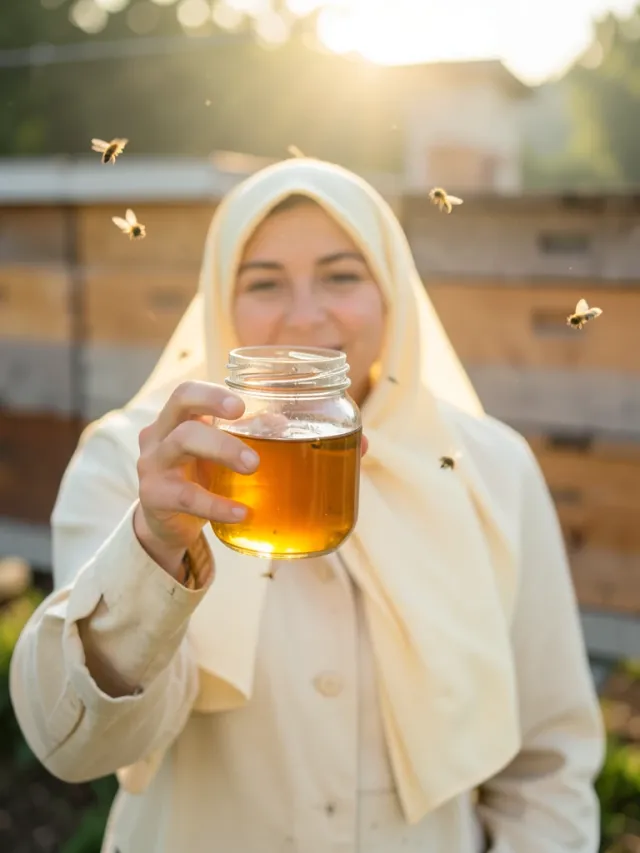 A beekeeper holding a backlit jar of golden honey in a sunny apiary