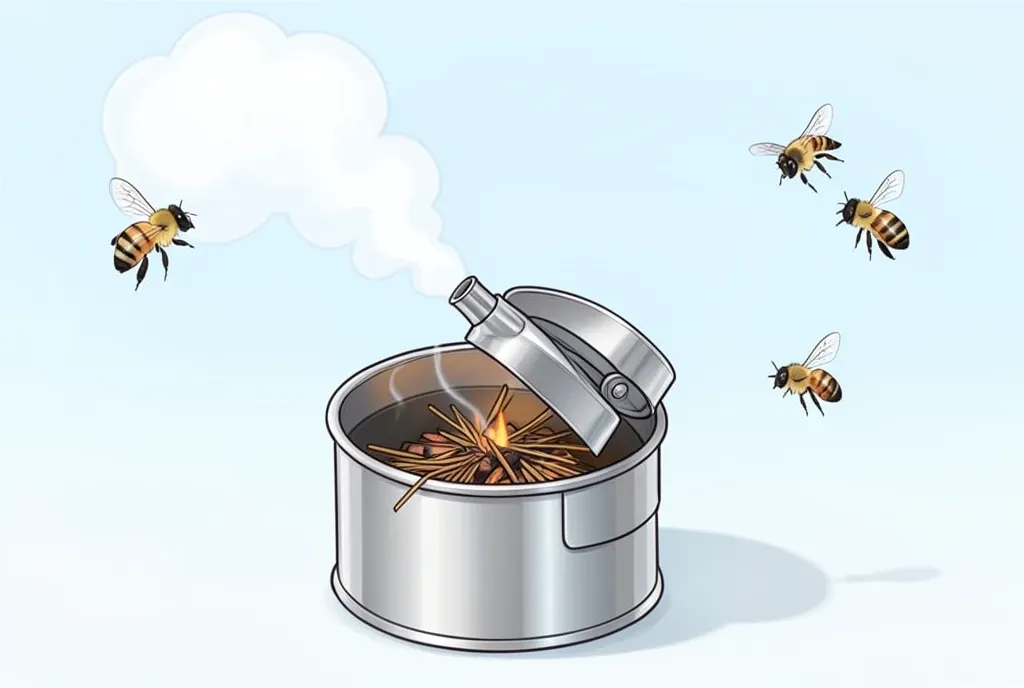 A clean illustration of a beekeeping smoker puffing cool smoke with bees drifting near the nozzle.