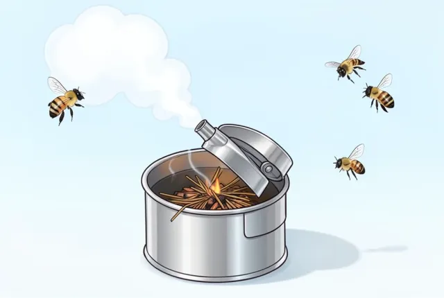 A clean illustration of a beekeeping smoker puffing cool smoke with bees drifting near the nozzle.