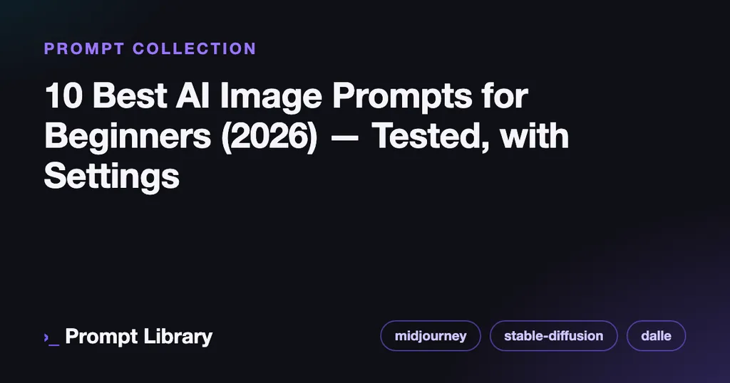 Branded cover card for the prompt collection “10 Best AI Image Prompts for Beginners (2026) —…”, dark theme with iris accent