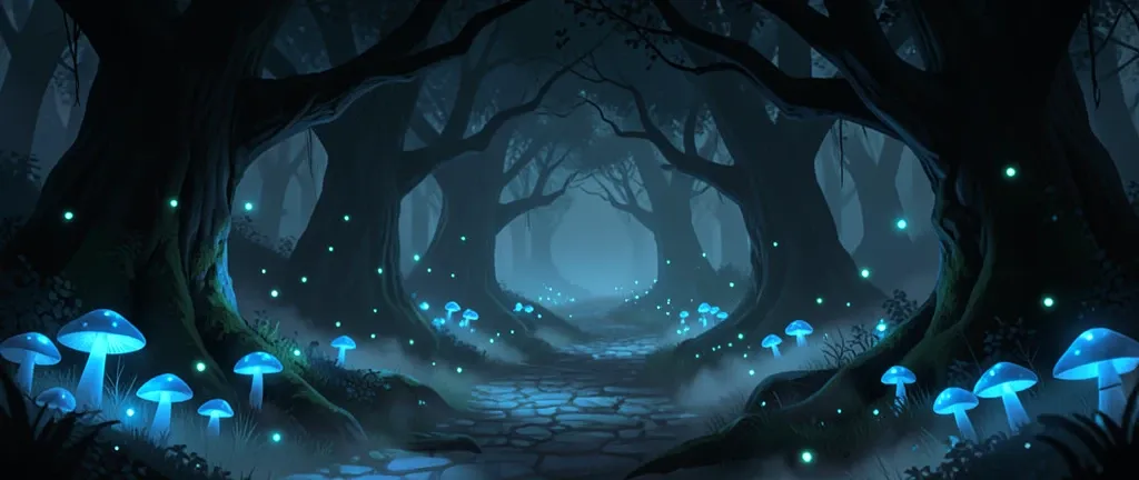 Winding forest path glowing with blue mushrooms and fireflies under ancient arching trees and mist
