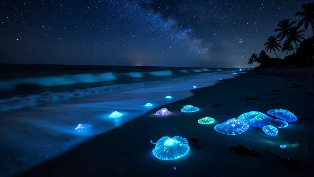 Bioluminescent plankton glowing blue on a night beach under a starry sky