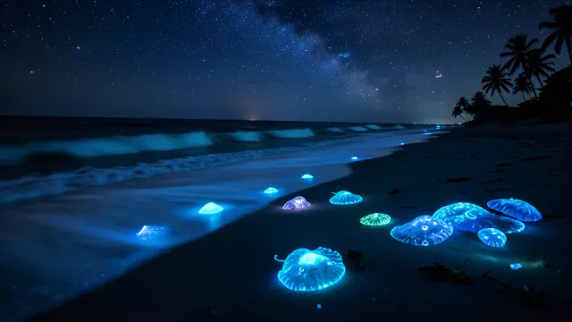 Bioluminescent plankton glowing blue on a night beach under a starry sky