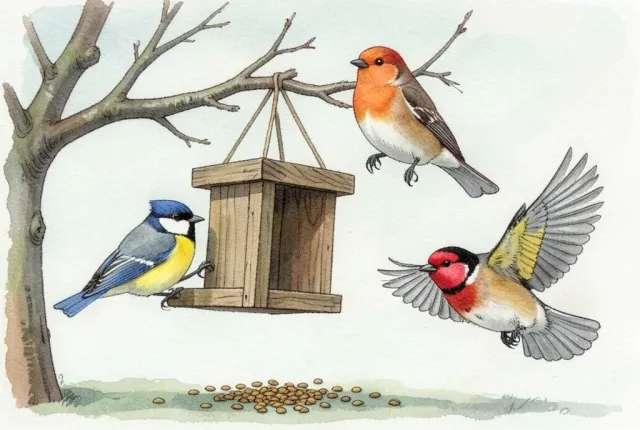 Gouache illustration of a bird feeder with three garden birds perched, watching and landing