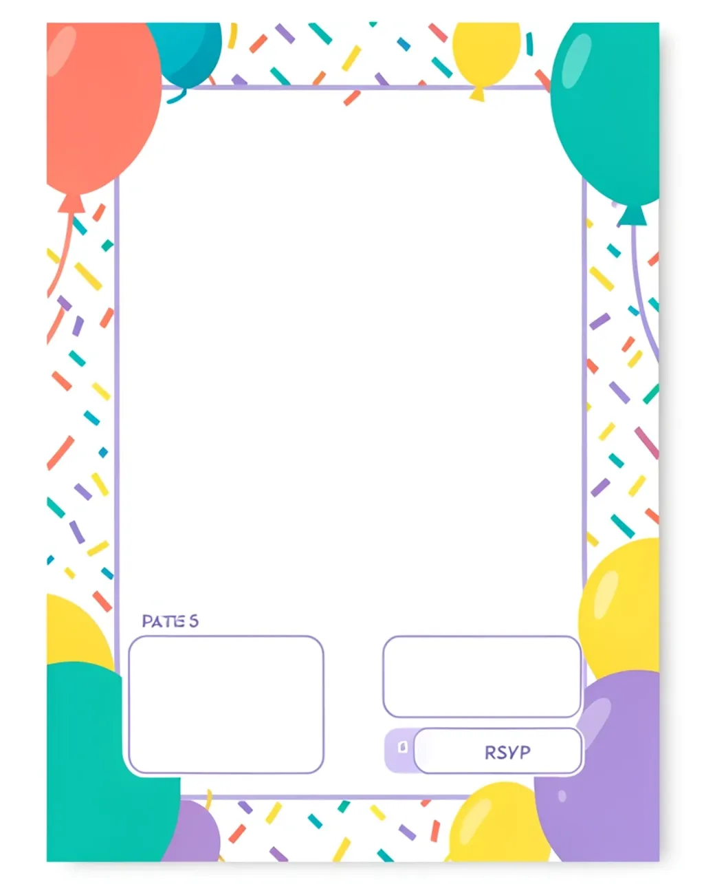 Colorful birthday party invitation card with confetti balloons and blank text blocks