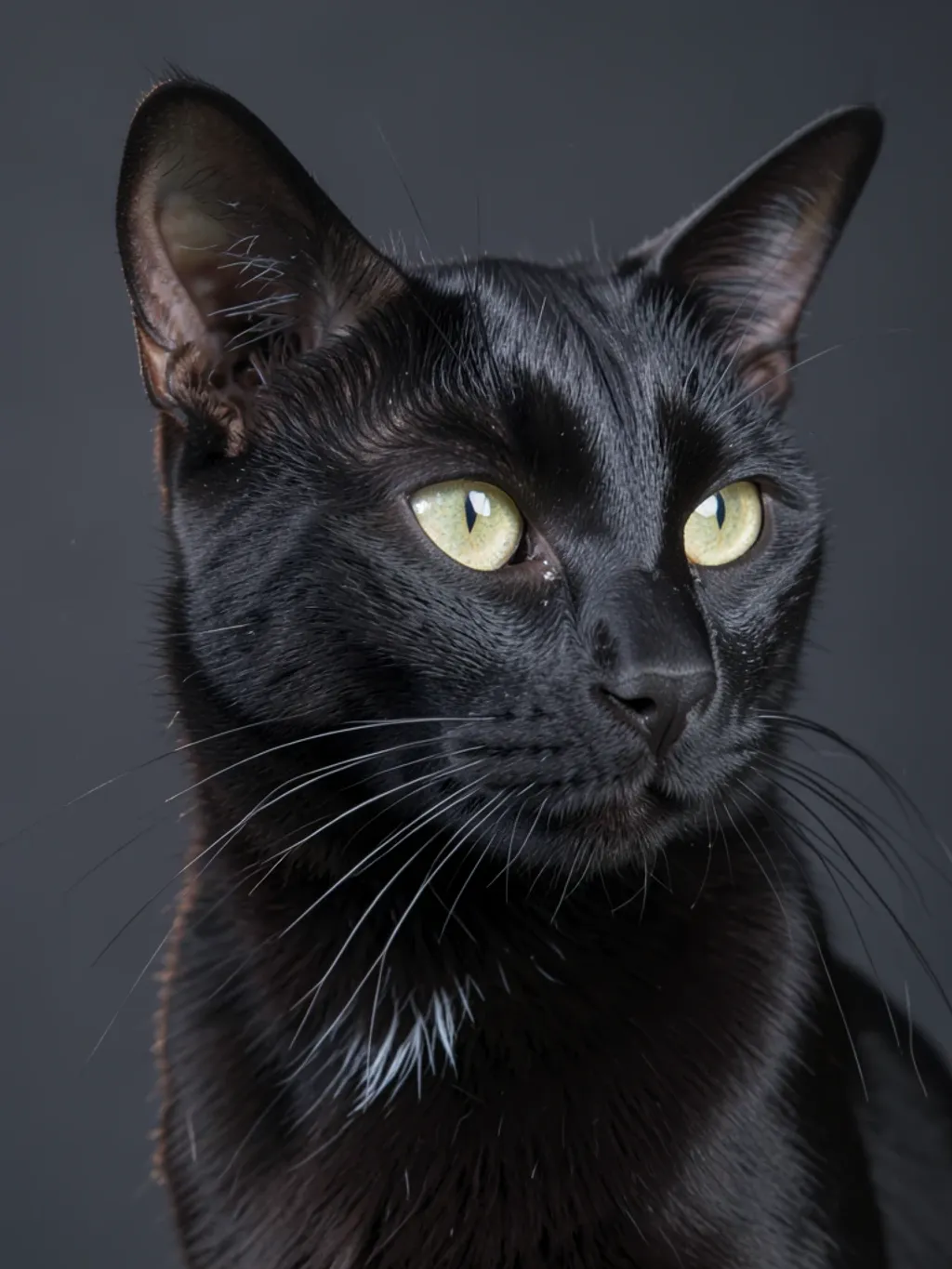 Studio portrait of a black cat in three-quarter view with rim light along its spine on charcoal