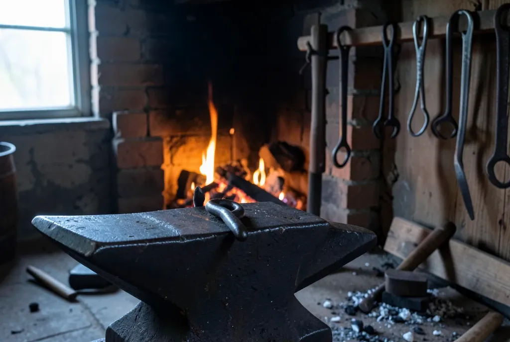 Blacksmith forge with anvil, half-formed iron hook, glowing coke fire and hanging tongs