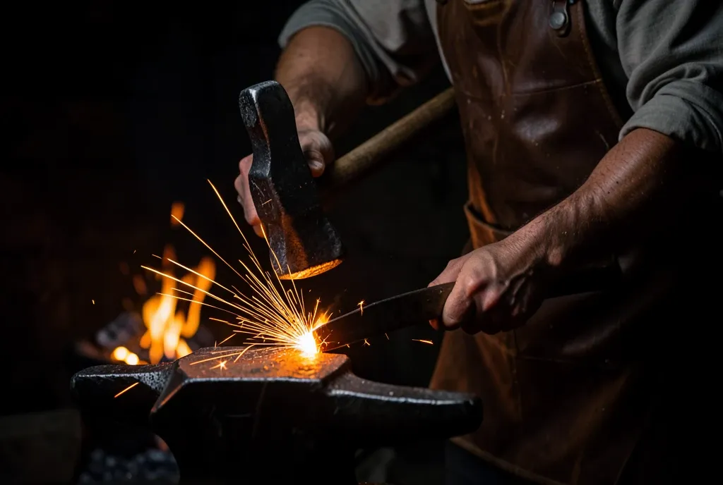 A blacksmith mid-strike over a glowing billet on an anvil, sparks flying in a dark forge.