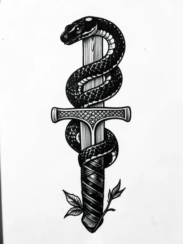 Blackwork tattoo design of a serpent coiled around a dagger in solid black ink on white paper