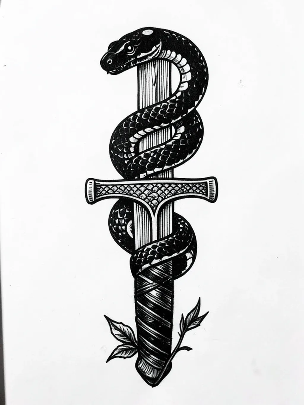 Blackwork tattoo design of a serpent coiled around a dagger in solid black ink on white paper