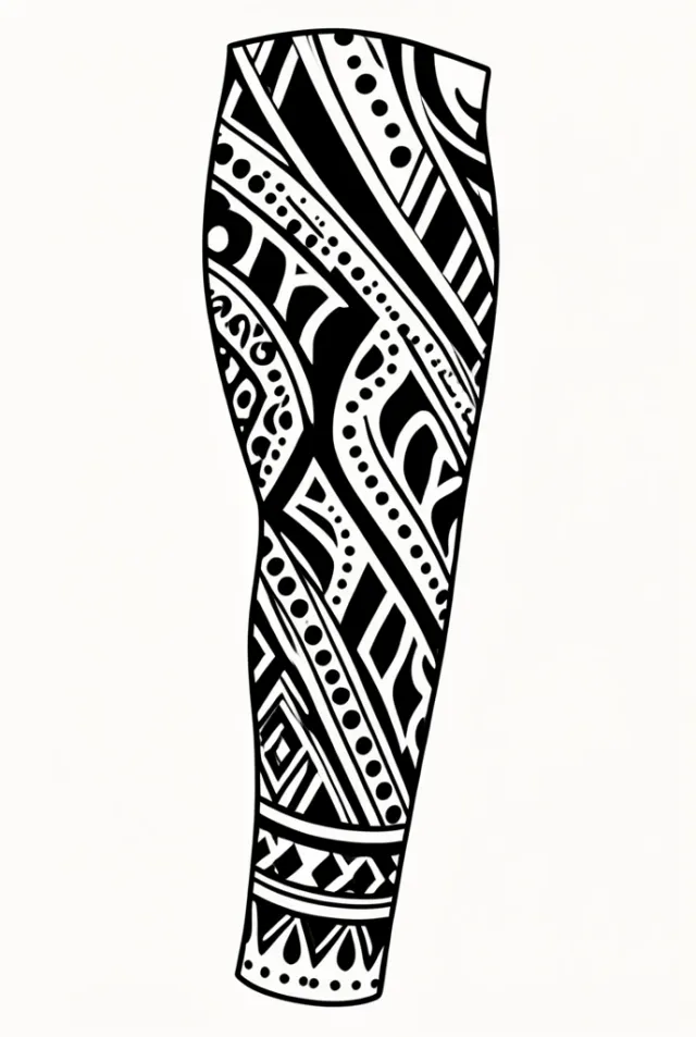 A bold blackwork sleeve design of geometric and dotwork bands in pure black
