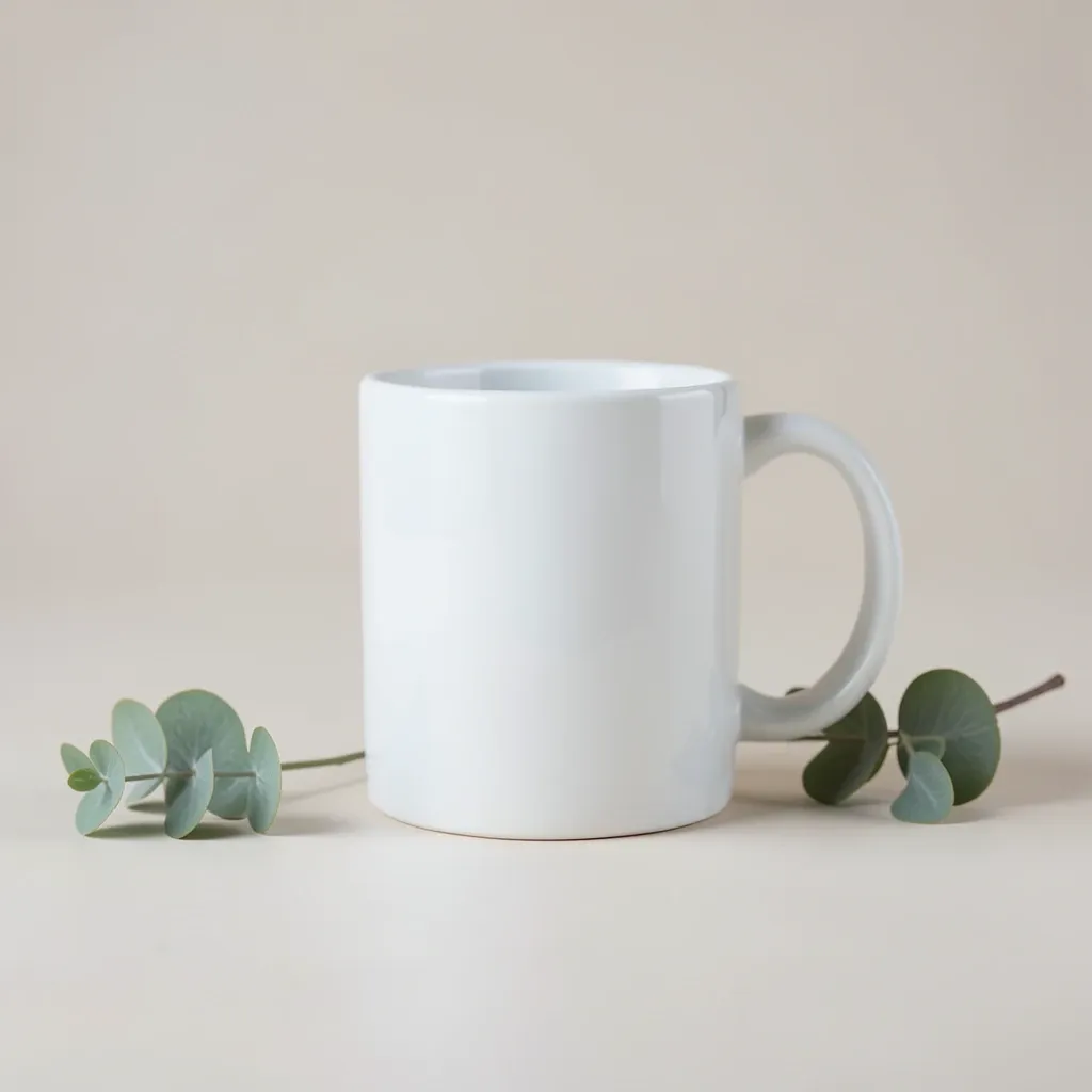 Clean product mockup of a plain blank white ceramic mug in soft studio light with a styling sprig