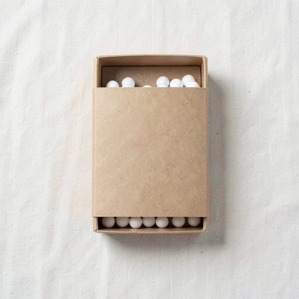 Blank unprinted kraft matchbox sleeve on pale linen, drawer slightly open, no lettering
