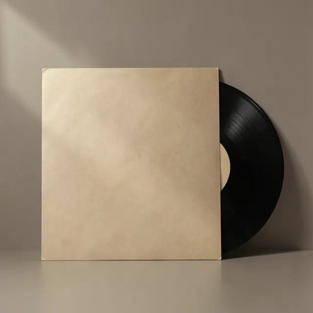 Blank matte vinyl record sleeve against a grey wall with the record pulled halfway out