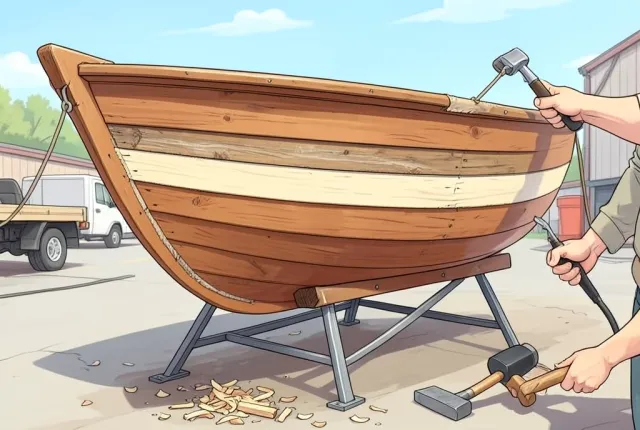 A wooden boat on stands with a section of new pale planking being caulked.