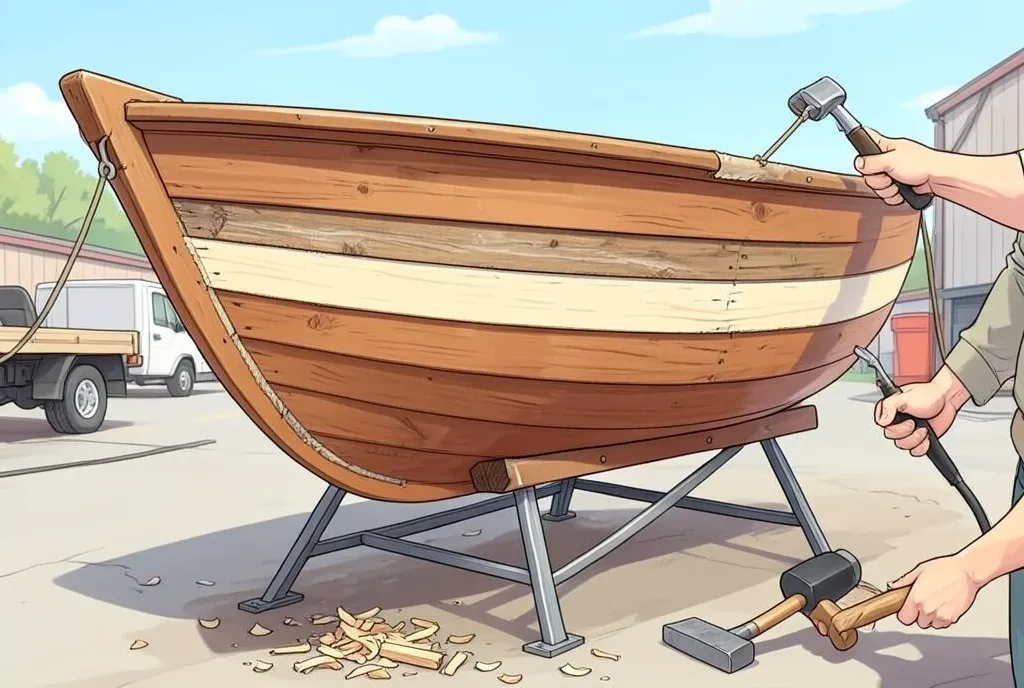 A wooden boat on stands with a section of new pale planking being caulked.