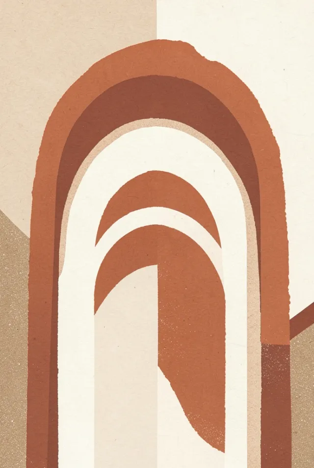 A boho abstract print of terracotta and rust arches with a sun shape