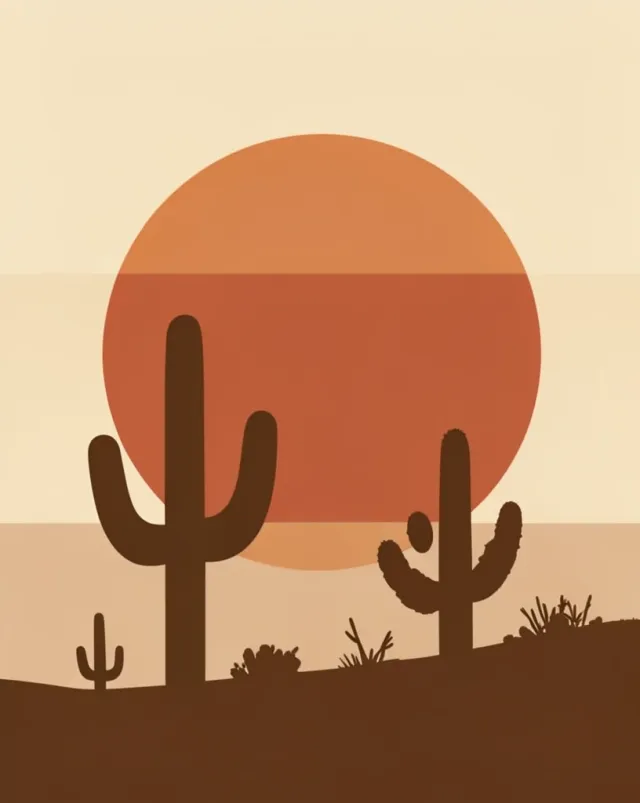 Boho desert print of saguaro and prickly-pear cactus silhouettes against a large flat terracotta sun, sand-toned palette
