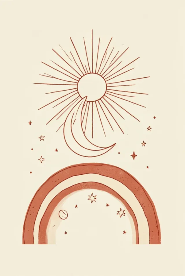 Boho celestial wall art print with sun, moon phases, and stars in warm tones