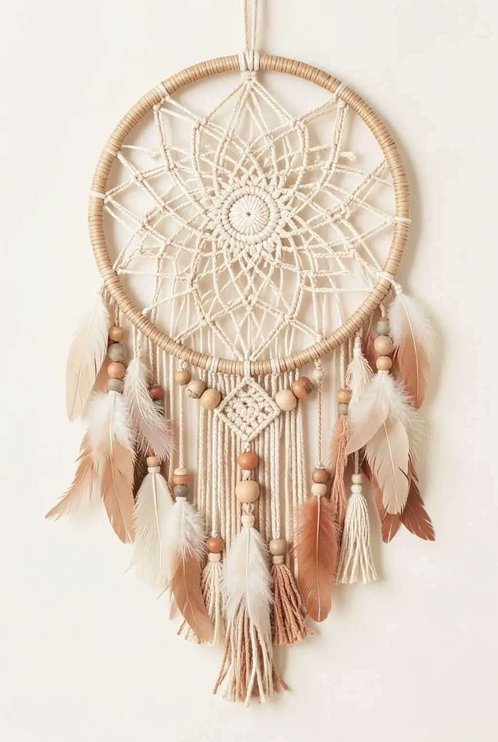 Boho dreamcatcher print with a macrame web, feathers and clay beads in beige, cream and terracotta tones