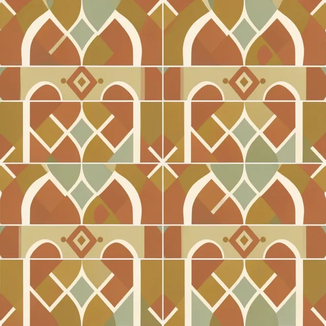 Seamless boho geometric tile pattern in terracotta, mustard, cream and sage with arches and dots