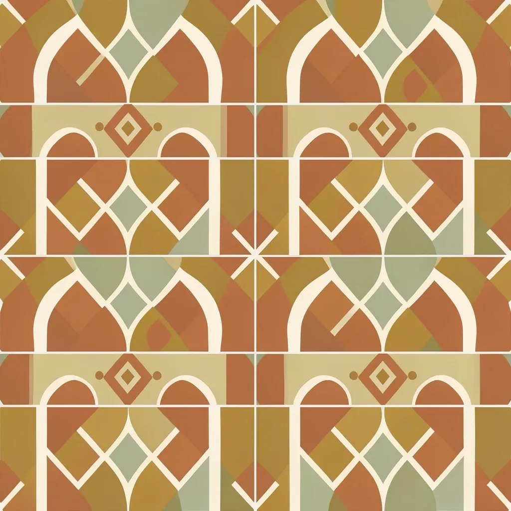 Seamless boho geometric tile pattern in terracotta, mustard, cream and sage with arches and dots