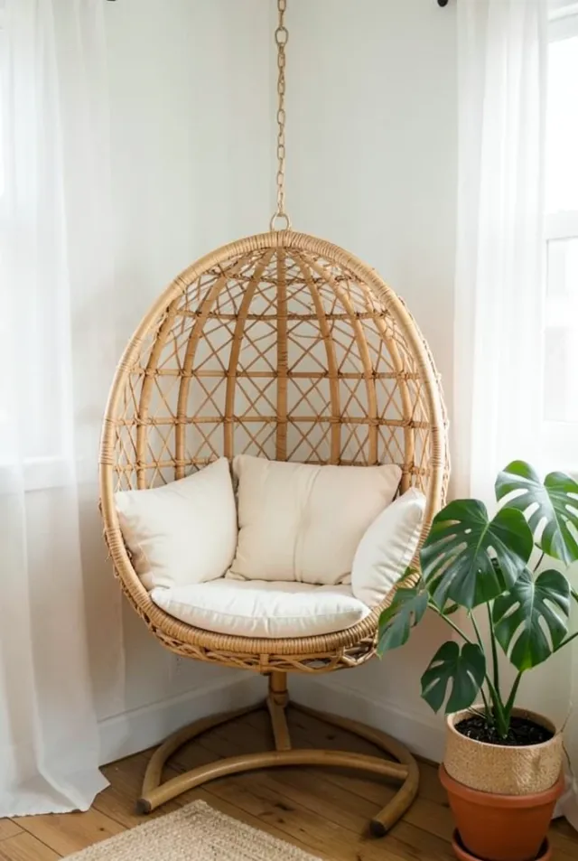 Woven rattan hanging chair with cream cushion in a bright corner near potted monstera and sheer curtains