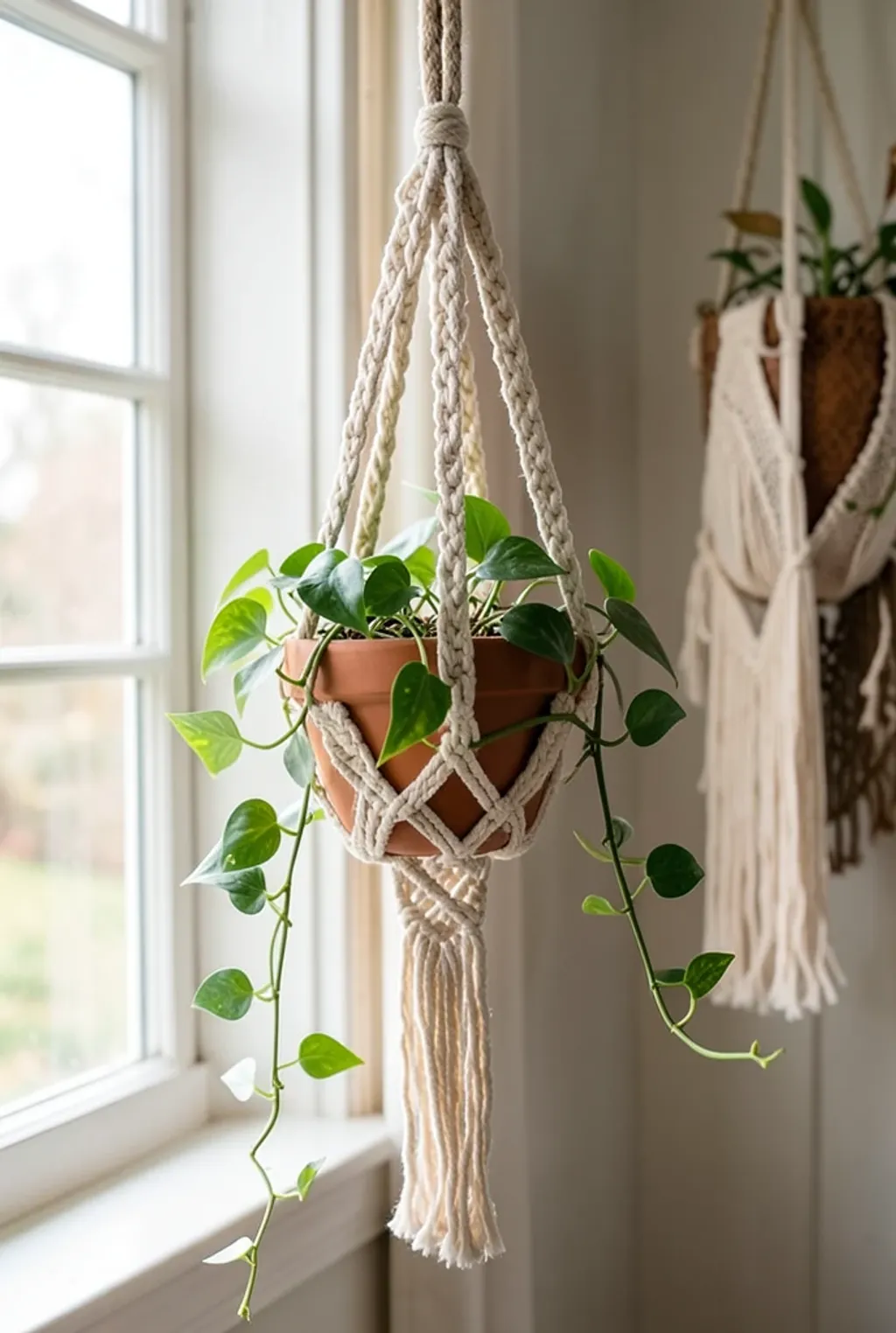 Hand-knotted macrame plant hanger holding a terracotta pot with trailing pothos in a bright window
