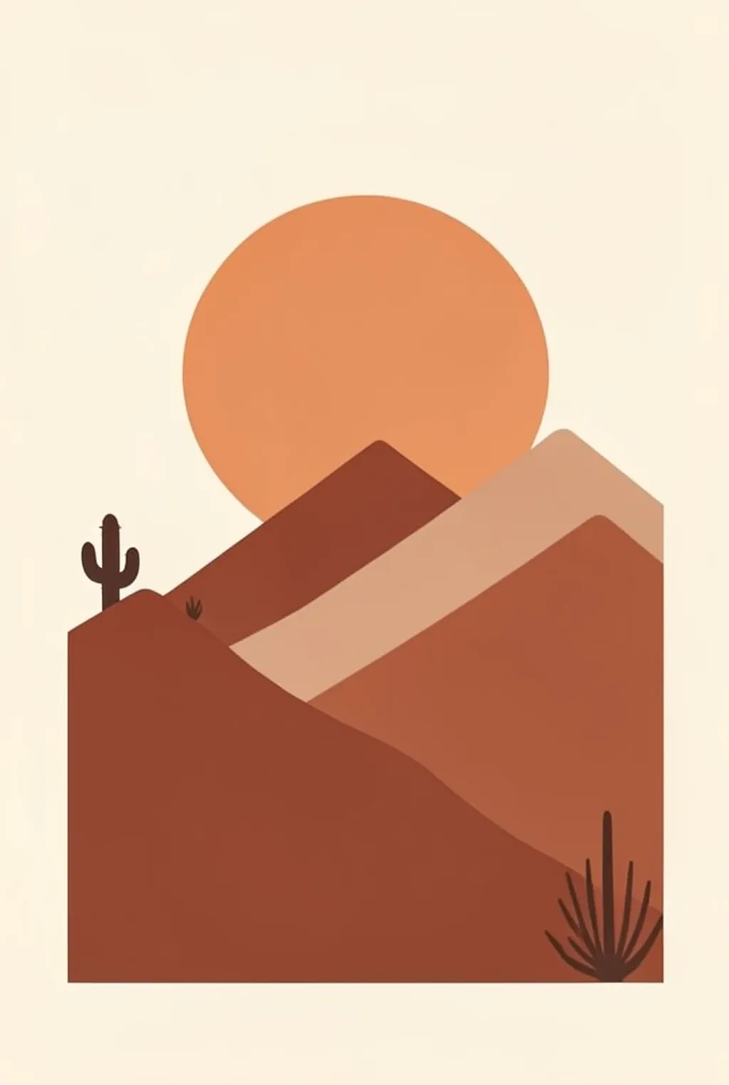 Boho print of layered terracotta mountain ridge silhouettes with a large flat sun disc behind and small cactus accents