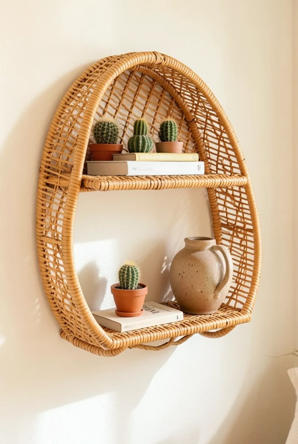 Curved rattan wall shelf on warm white wall with small cactus, books, and ceramic vase