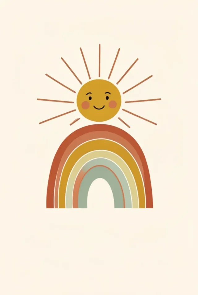 Boho nursery print of a smiling sun with rays above three small rainbows in terracotta and mustard on cream