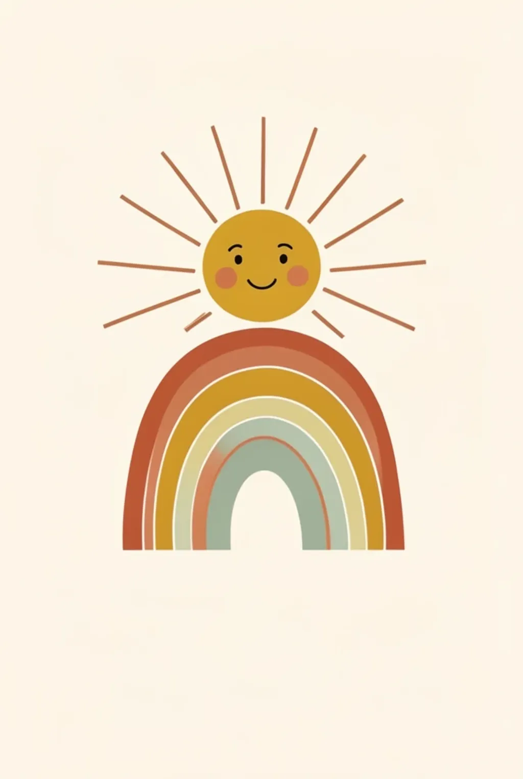 Boho nursery print of a smiling sun with rays above three small rainbows in terracotta and mustard on cream