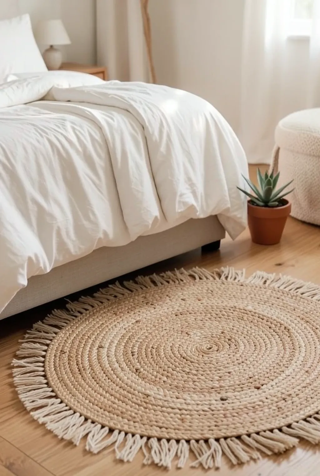 Round woven jute rug with fringe beside a low bed with white linens and a small potted succulent