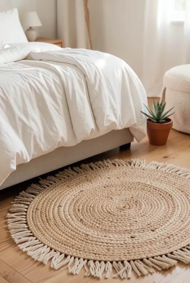 Round woven jute rug with fringe beside a low bed with white linens and a small potted succulent