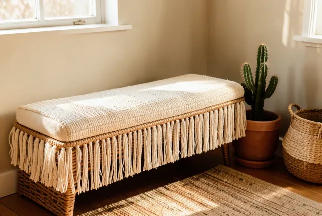 Long woven bench with textured cream cushion and fringe, potted cactus, and woven basket in natural light