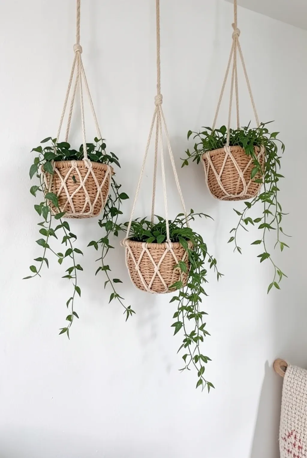 Three macrame hanging planters with trailing green plants at different heights against a white wall