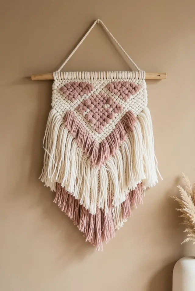 Boho woven wall hanging with wool fringe in natural cotton and dusty rose fibers