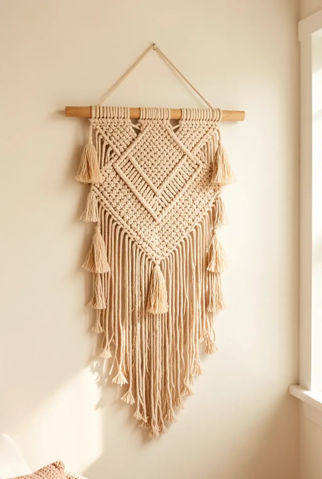 Large macrame wall hanging with long fringe tassels and wooden dowel on a warm white wall