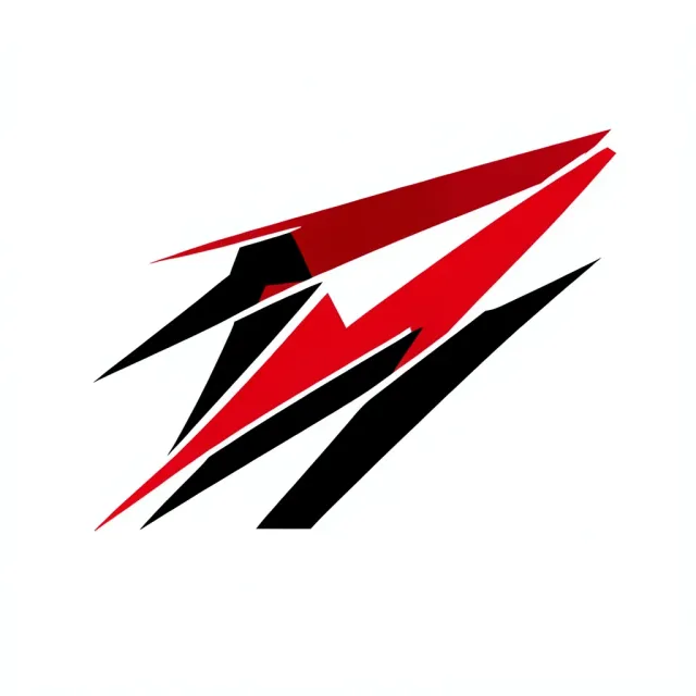 Bold abstract athletic logo with red and black overlapping shapes on white background