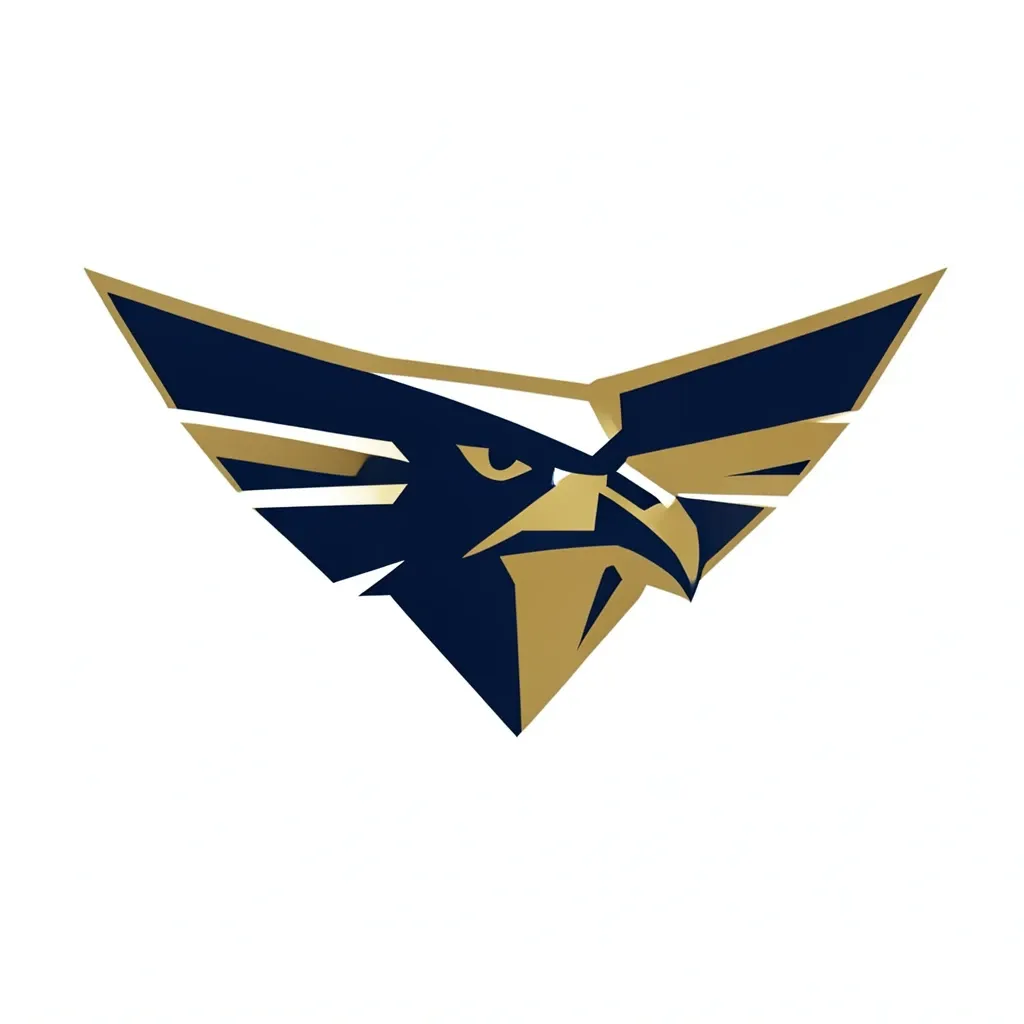 Bold abstract eagle logo with angular wings in navy and gold on white background