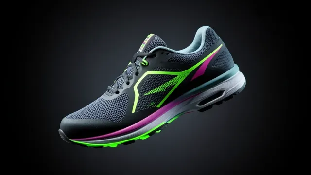 Modern running shoe with neon accents floating at dynamic angle against a dark gradient background