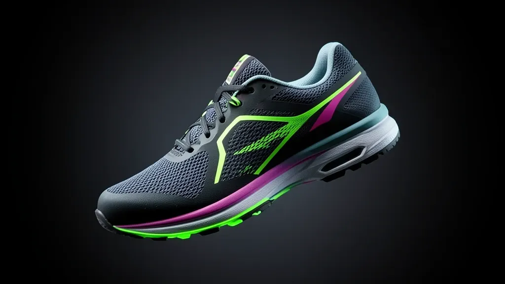 Modern running shoe with neon accents floating at dynamic angle against a dark gradient background