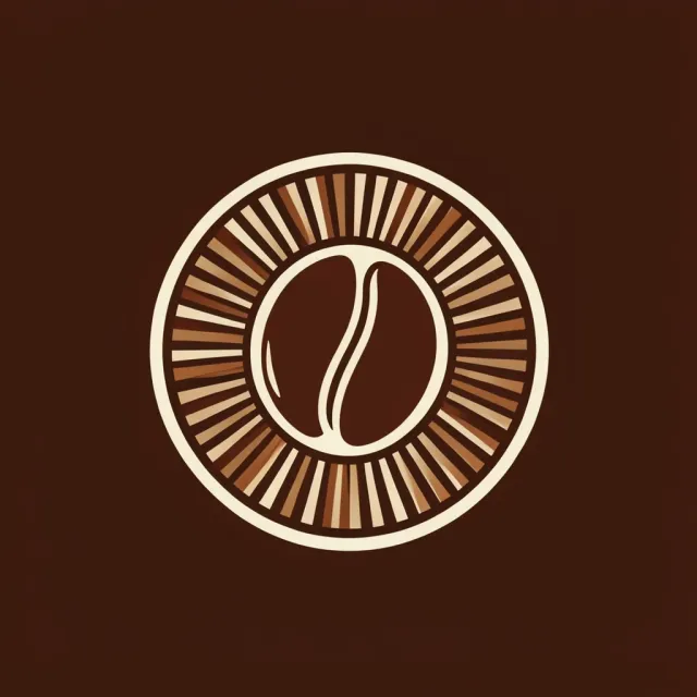 Bold circular coffee roaster logo with stylized bean and radiating heat lines in brown and cream
