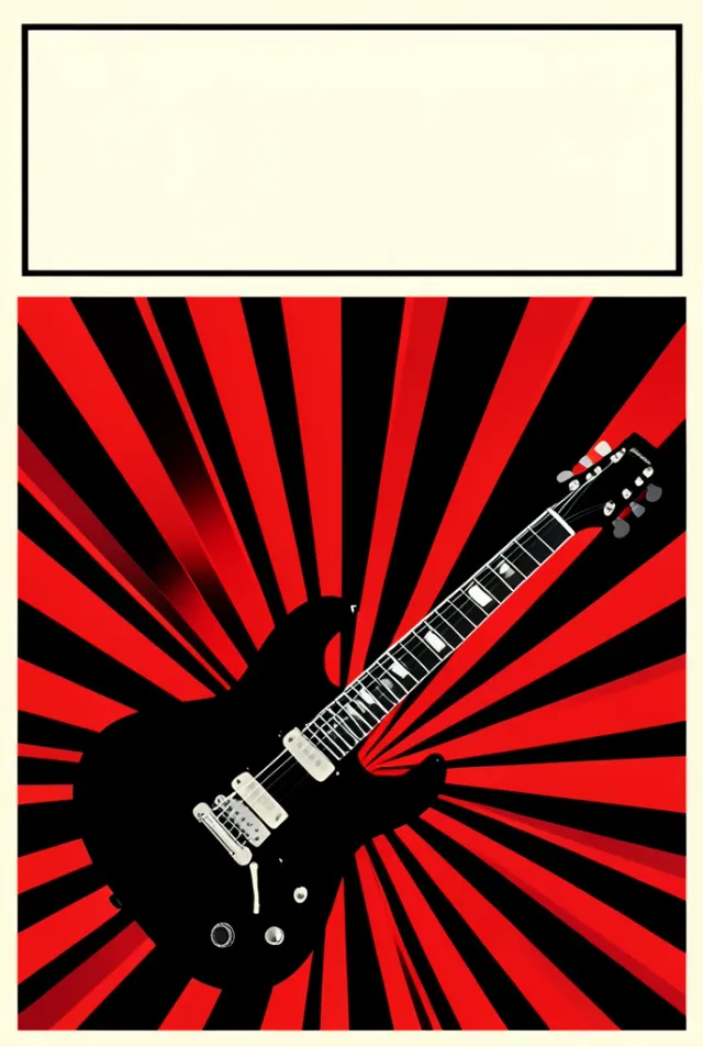 Bold red and black concert poster with a black electric guitar silhouette, diagonal ray lines and a blank headline