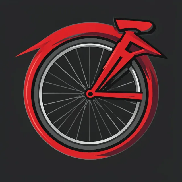 Bold cycling team badge with stylized racing bicycle wheel and speed lines in red and charcoal