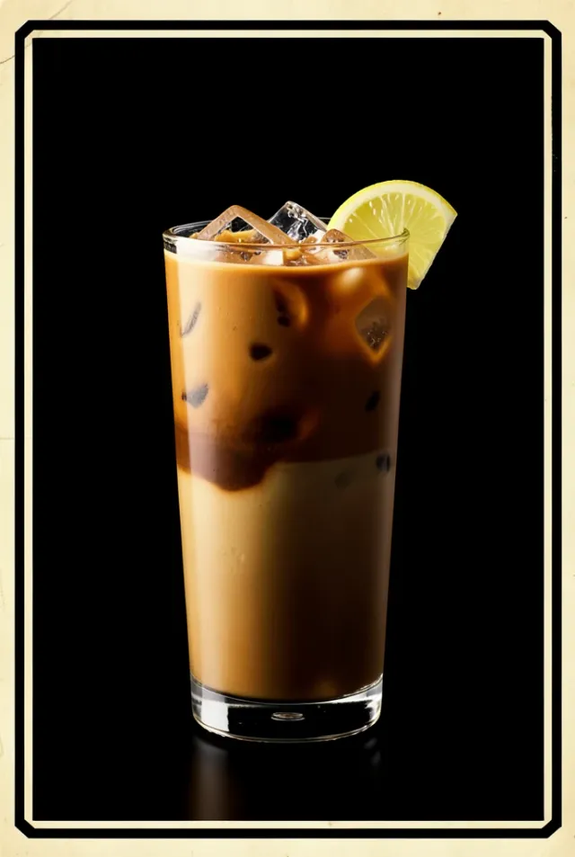 Bold poster of an espresso tonic glass with ice and lemon twist on a black background