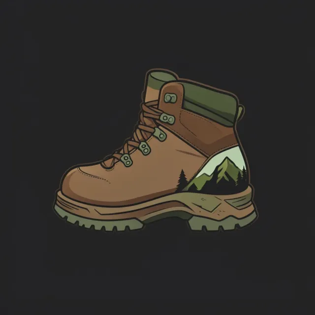Bold hiking boot logo with rugged sole and mountain reflection in earthy brown and forest green