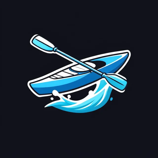 Bold kayak logo with paddle crossing behind and water splash in ocean blue and white on dark background