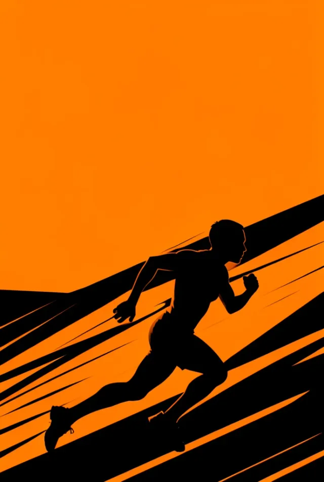 Bold orange-and-black marathon poster template, a running silhouette mid-stride with motion streaks and an empty headl…